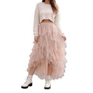 Pink Tiered Ruffle Tulle Balletcore Midi  Fairycore Romantic High-low Skirt